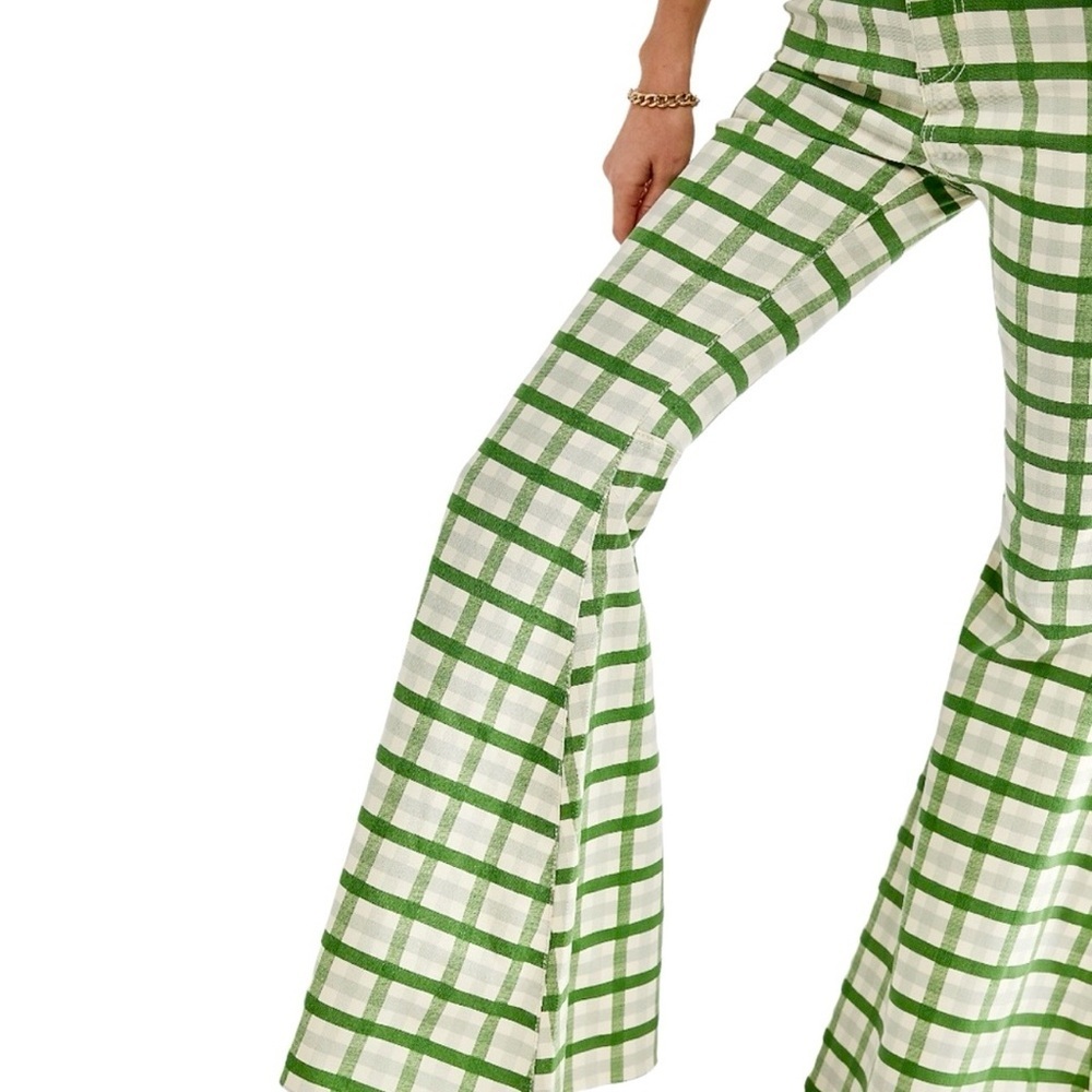 New Free People Just Float On Lime Checkered Green Super Flare Pants - Picture 3 of 8